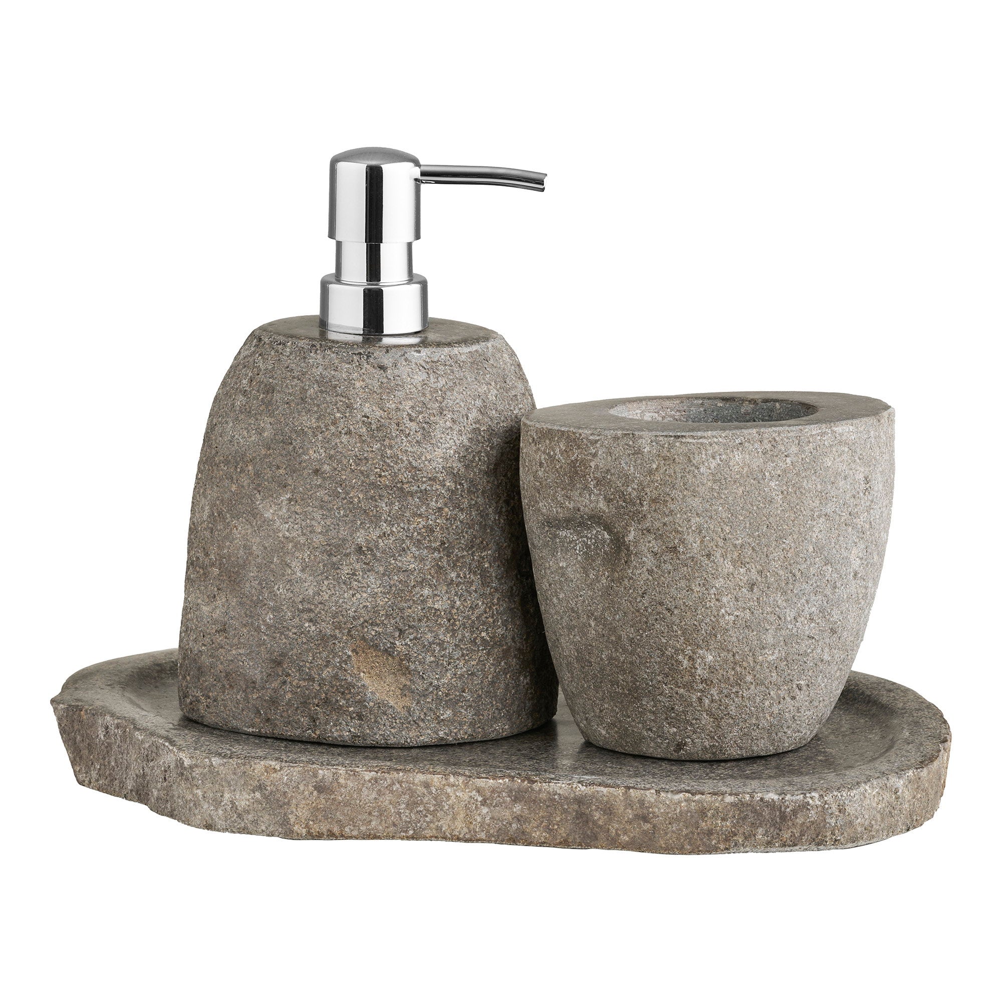 Gara Bathroom Set, Storage Cup, Soap Dispenser, Tray – Natural
