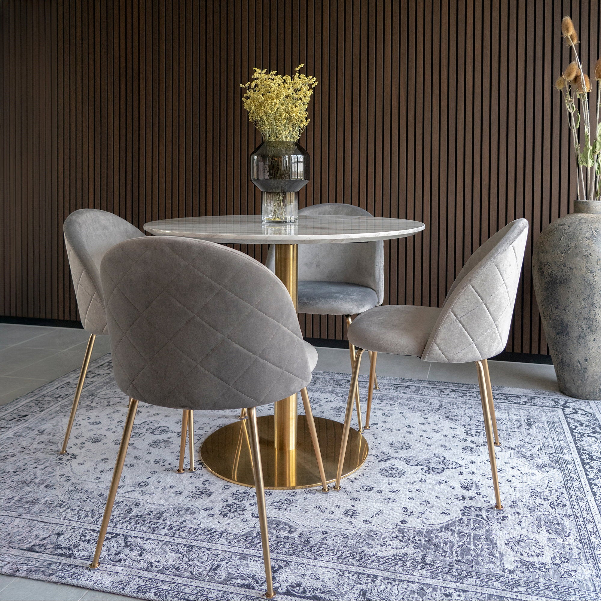 Bolzano and Geneve Dining Set – Velvet – White / Grey