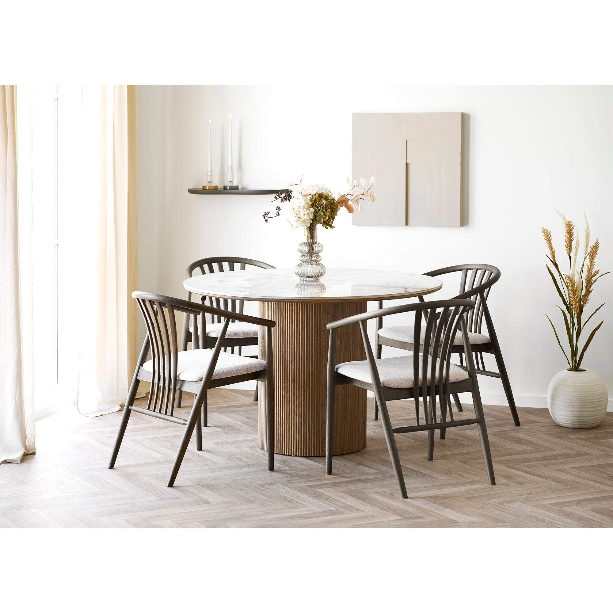 Athens and Agustin Dining Set – Oak – White / Dark Brown / Smoked