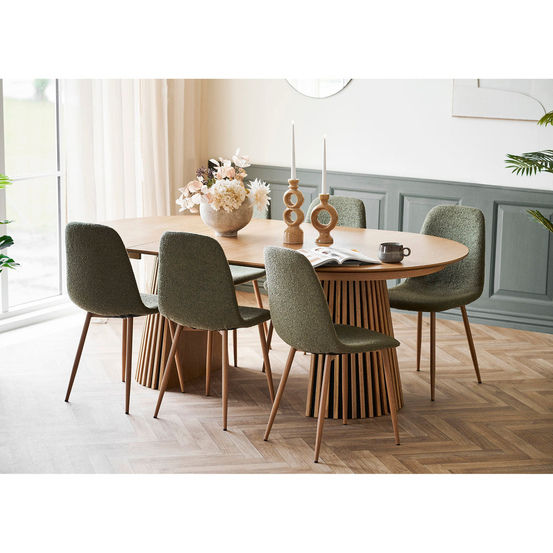 Osaka and Stockholm Dining Set – Oak – Oak / Dark green